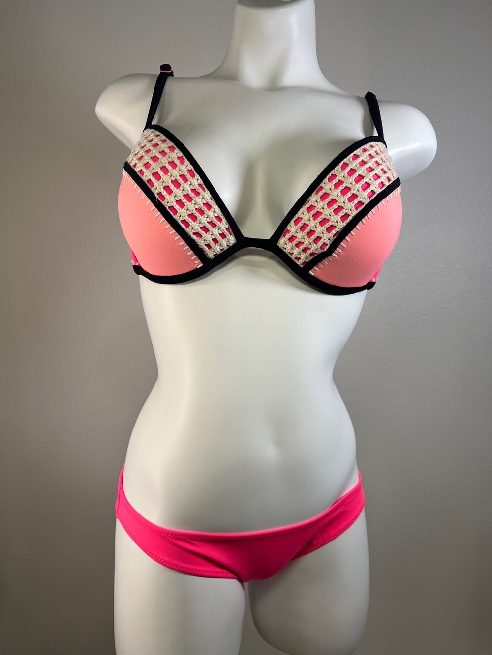 Victoria's Secret Hot Pink and Coral Bikini Set with Black Trim and Crochet 34D
